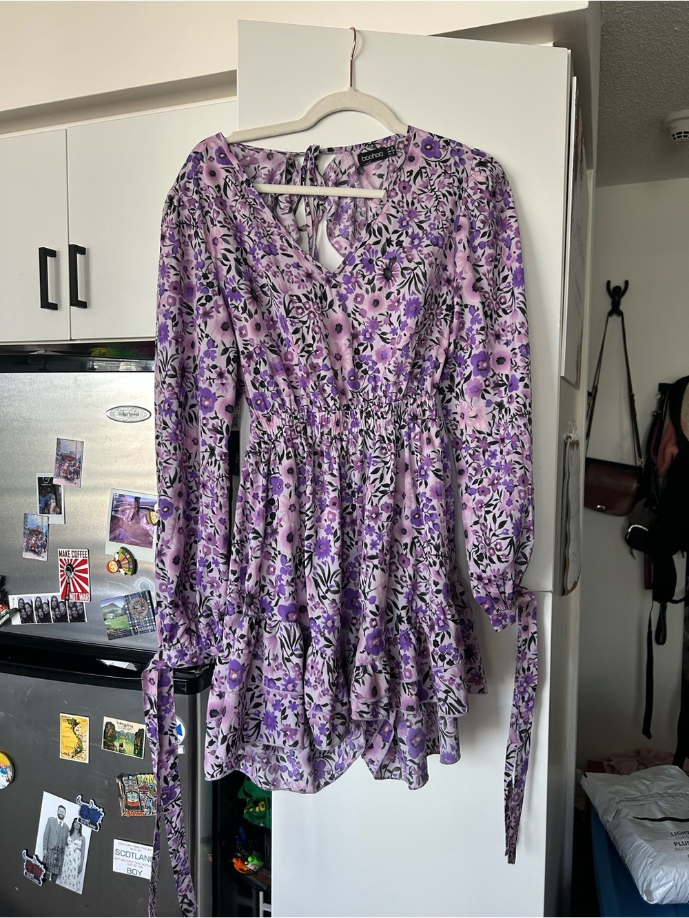 Boohoo Purple Floral Long Sleeve Smock Mini Jumpsuit